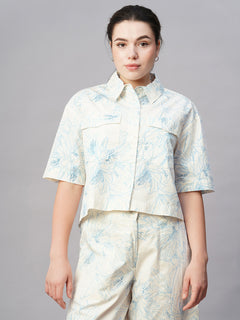 Women’s Cotton Regular Fit Cropped Printed Blouse Blue