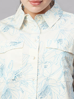 Women’s Cotton Regular Fit Cropped Printed Blouse Blue
