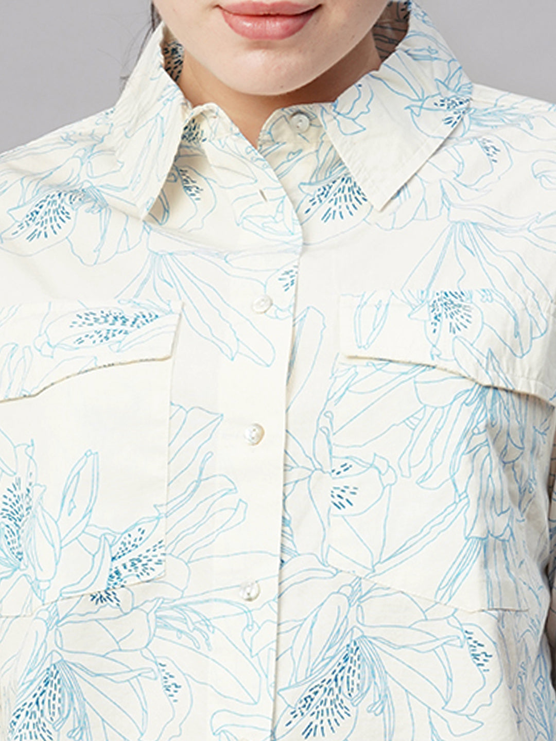 Women's Cotton Regular Fit Blouse Cropped Printed Blouse Blue