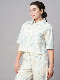 Women’s Cotton Regular Fit Cropped Printed Blouse Blue