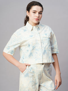 Women’s Cotton Regular Fit Cropped Printed Blouse Blue