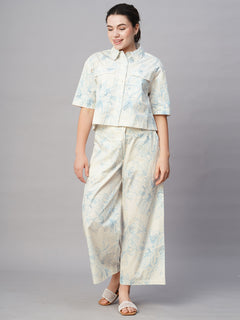 Women’s Cotton Regular Fit Cropped Printed Blouse Blue