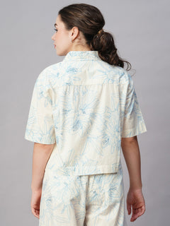 Women’s Cotton Regular Fit Cropped Printed Blouse Blue