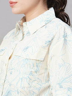 Women’s Cotton Regular Fit Cropped Printed Blouse Blue