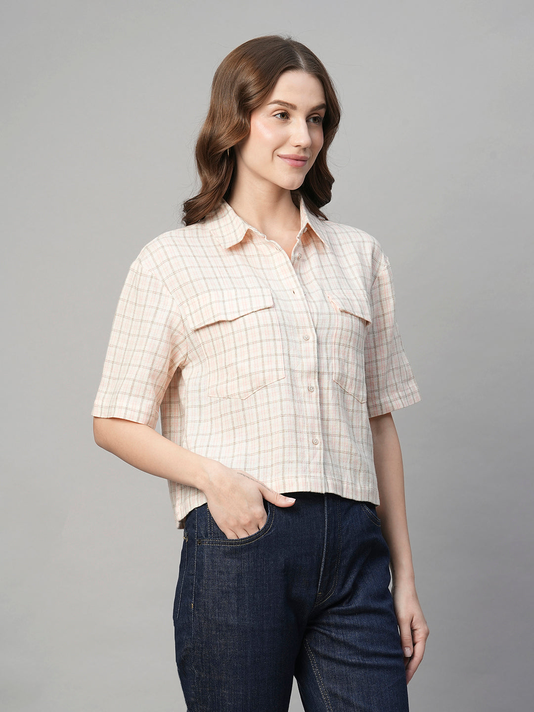 Women's Pink Cotton Linen Regular Fit Blouse