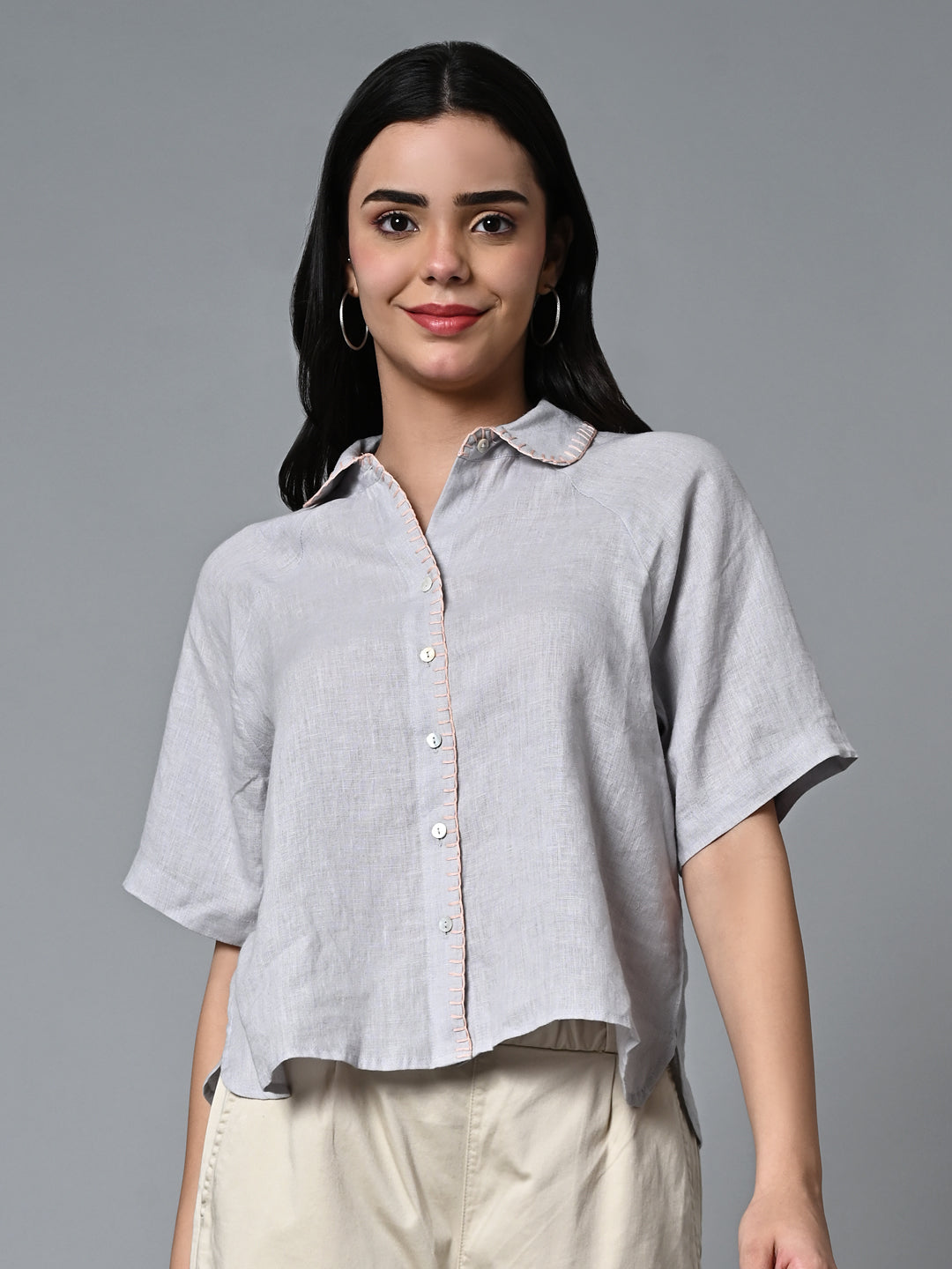 Women's Grey Linen Excel Regular Fit Blouse