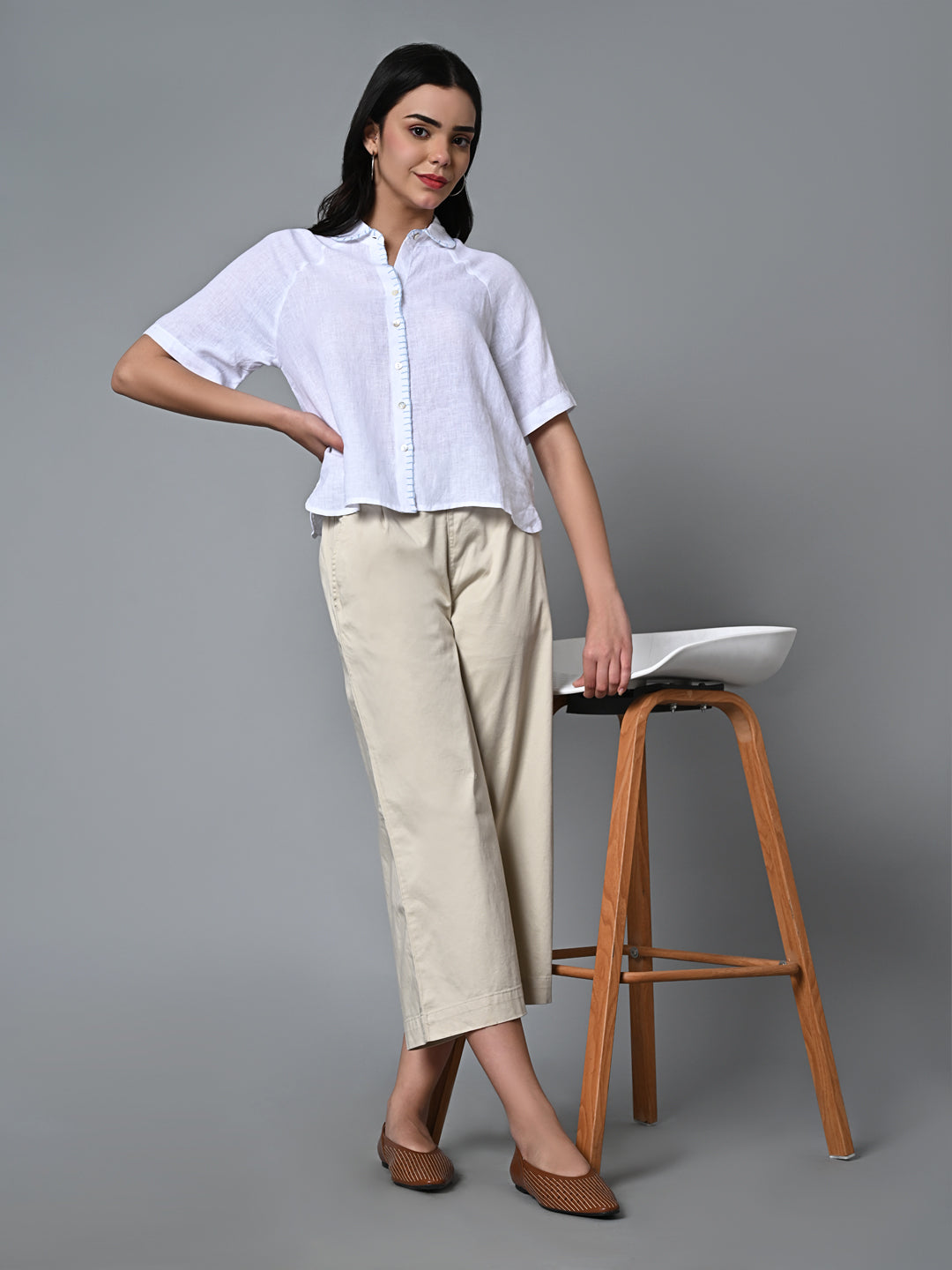 Women's White Linen Excel Regular Fit Blouse