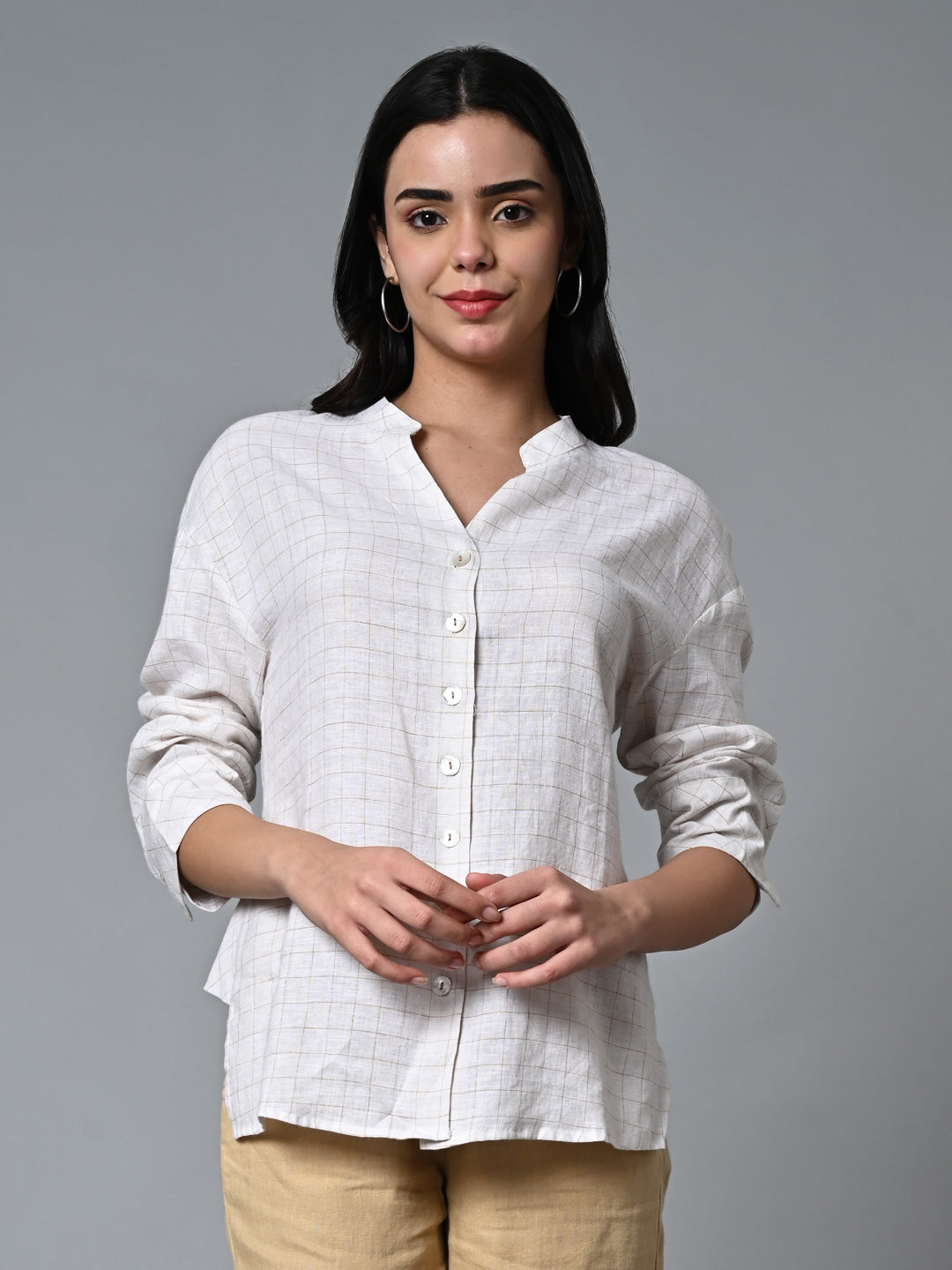 Women's Beige Linen Excel Boxy Fit Blouse