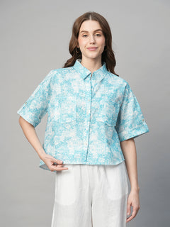 Women’s Cotton Linen Boxy Fit Blouse Blue