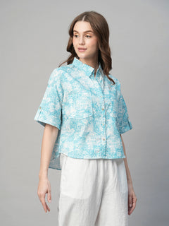 Women’s Cotton Linen Boxy Fit Blouse Blue