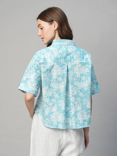 Women’s Cotton Linen Boxy Fit Blouse Blue