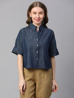 Women's Indigo Cotton Boxy Fit Blouse
