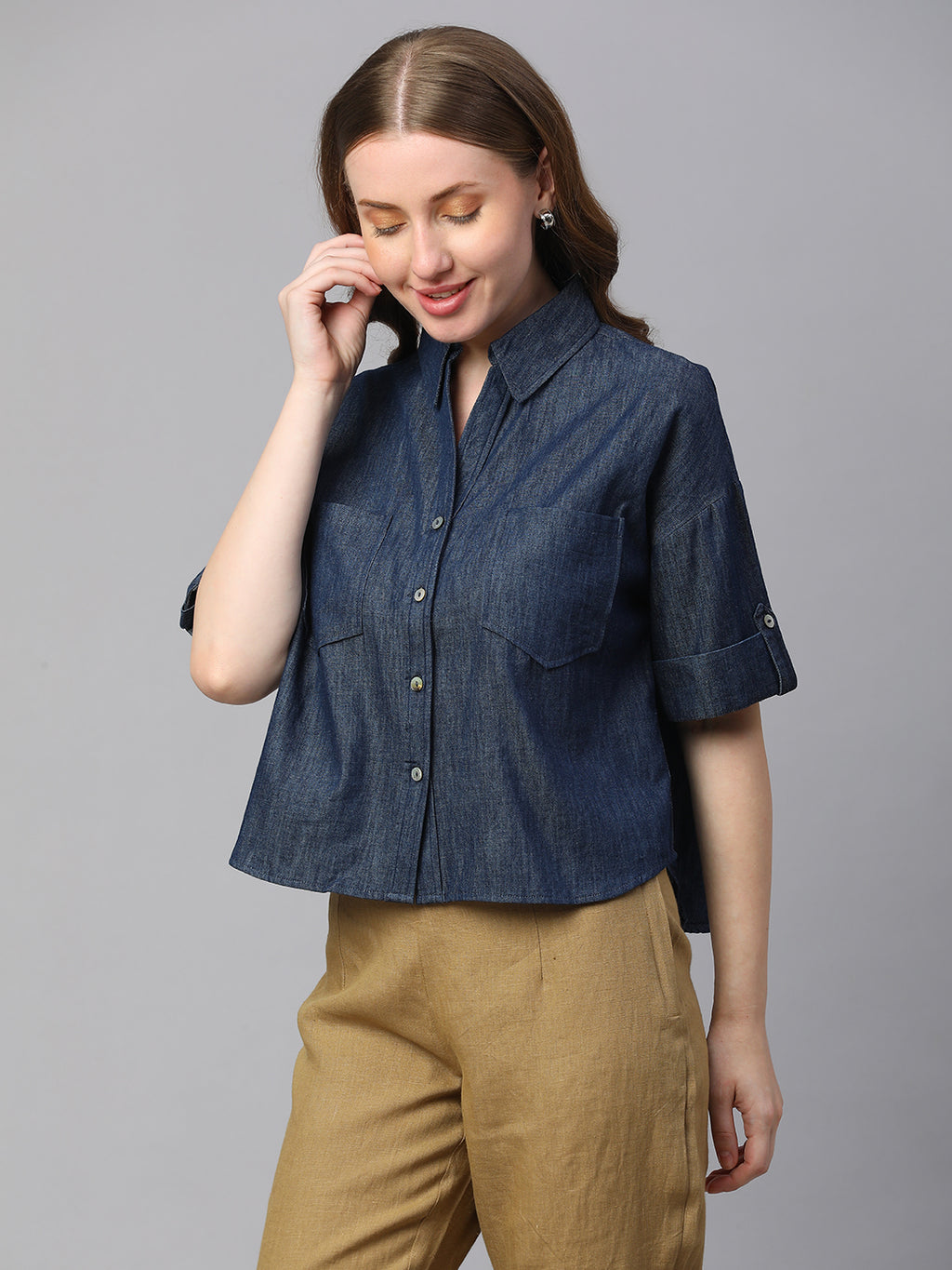 Women's Indigo Cotton Boxy Fit Blouse