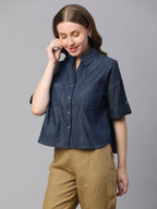 Women's Indigo Cotton Boxy Fit Blouse
