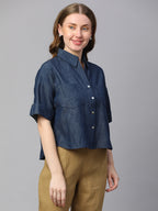 Women's Indigo Cotton Boxy Fit Blouse
