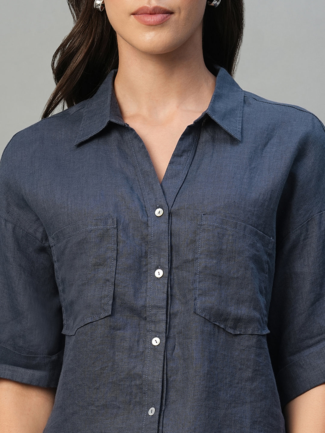 Women's Indigo 100% Linen Boxy Fit Blouse