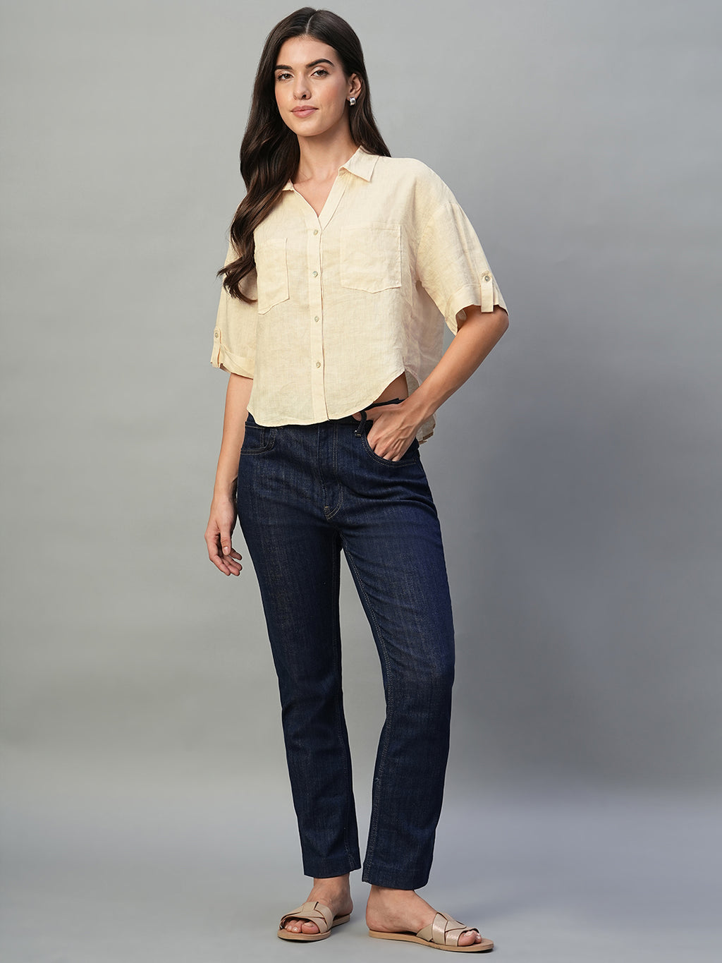 Women's Ivory 100% Linen Boxy Fit Blouse
