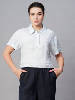 Women’s Linen Regular Fit Patch Pocket Blouse White Blue