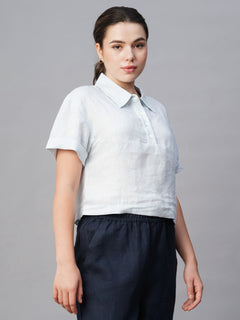 Women’s Linen Regular Fit Patch Pocket Blouse White Blue