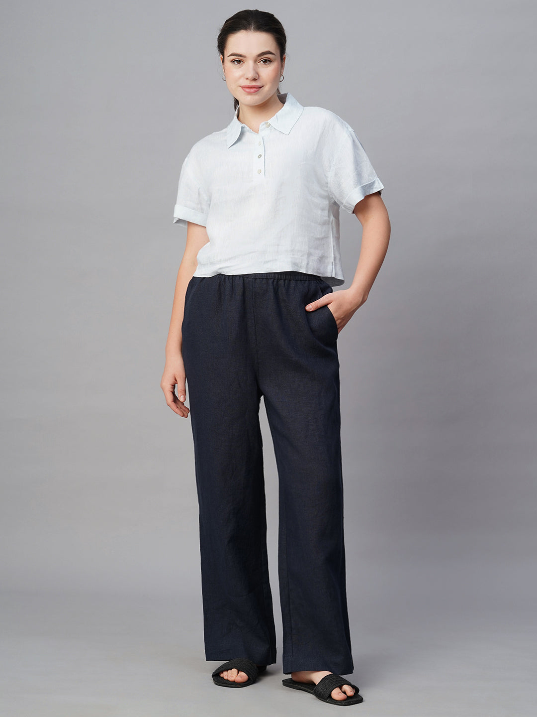 Women's Blue Linen Regular Fit Blouse