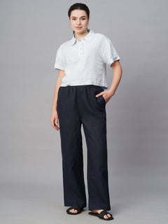 Women’s Linen Regular Fit Patch Pocket Blouse White Blue