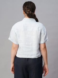 Women’s Linen Regular Fit Patch Pocket Blouse White Blue