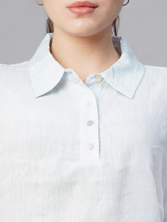 Women’s Linen Regular Fit Patch Pocket Blouse White Blue