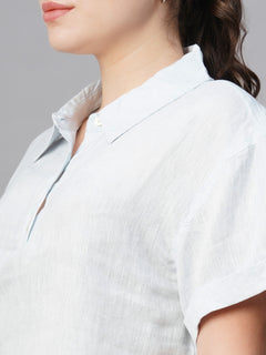 Women’s Linen Regular Fit Patch Pocket Blouse White Blue
