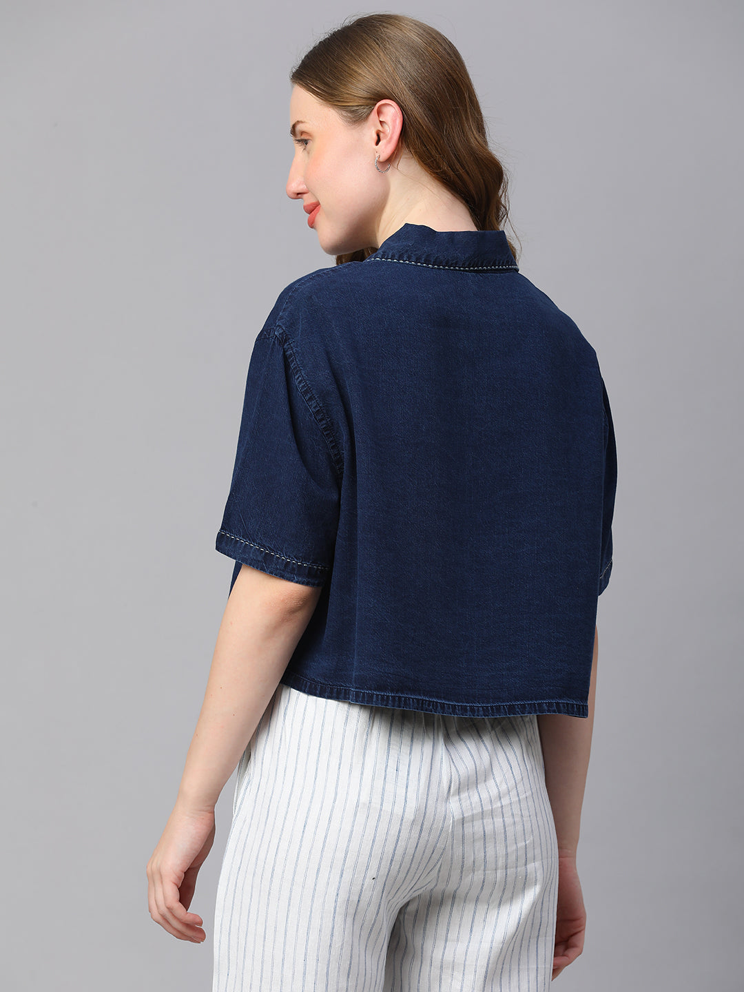 Women's Indigo Cotton Boxy Fit Blouse
