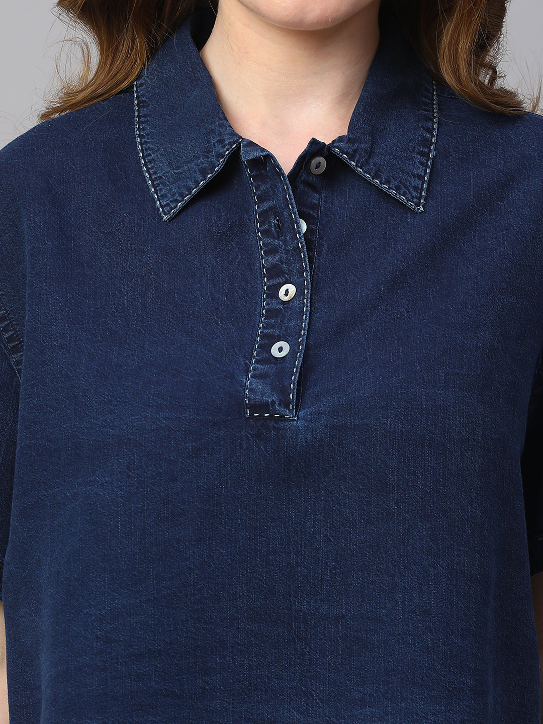 Women's Indigo Cotton Boxy Fit Blouse