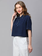Women's Indigo Cotton Boxy Fit Blouse