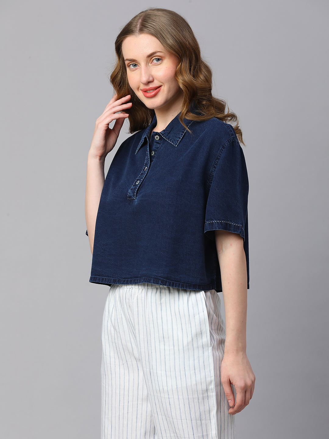 Women's Indigo Cotton Boxy Fit Blouse
