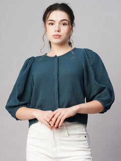 Women’s Cotton Regular Fit Puff Sleeve Blouse Blue