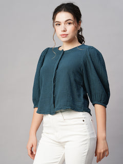 Women’s Cotton Regular Fit Puff Sleeve Blouse Blue