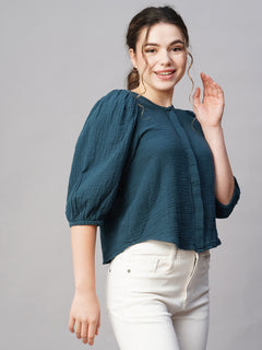 Women’s Cotton Regular Fit Puff Sleeve Blouse Blue