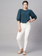 Women's Cotton Regular Fit Blouse Puff Sleeve Blouse Blue