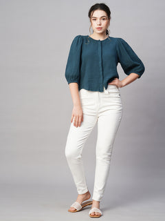 Women’s Cotton Regular Fit Puff Sleeve Blouse Blue