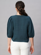 Women's Cotton Regular Fit Blouse Puff Sleeve Blouse Blue