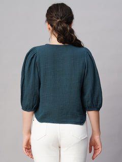Women’s Cotton Regular Fit Puff Sleeve Blouse Blue