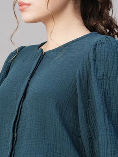 Women’s Cotton Regular Fit Puff Sleeve Blouse Blue