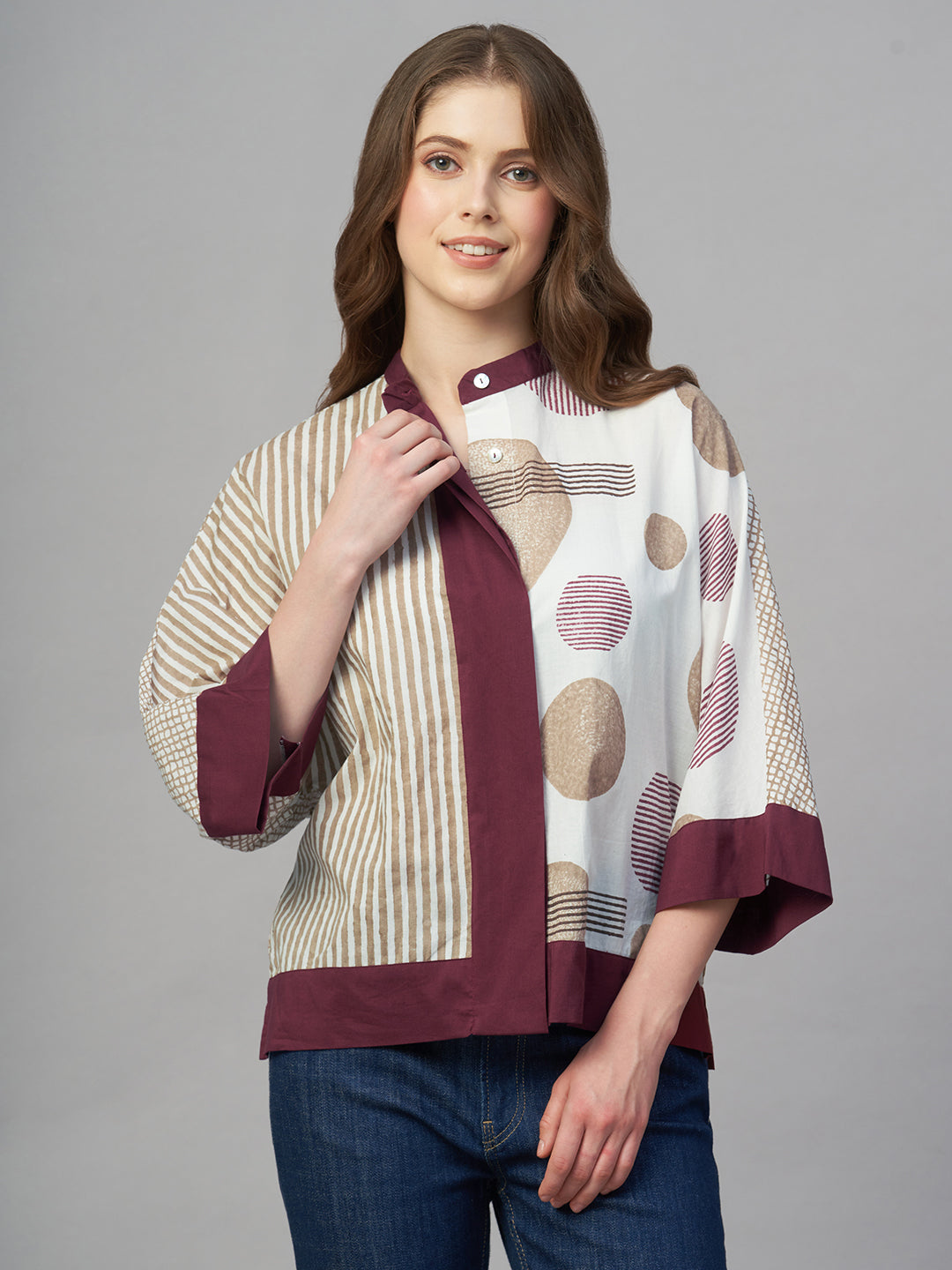 Women's Maroon 100% Cotton Boxy Fit Blouse