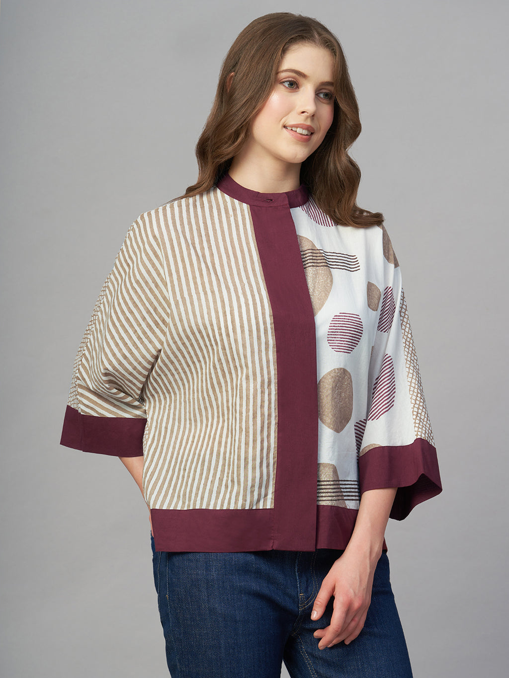 Women's Maroon 100% Cotton Boxy Fit Blouse