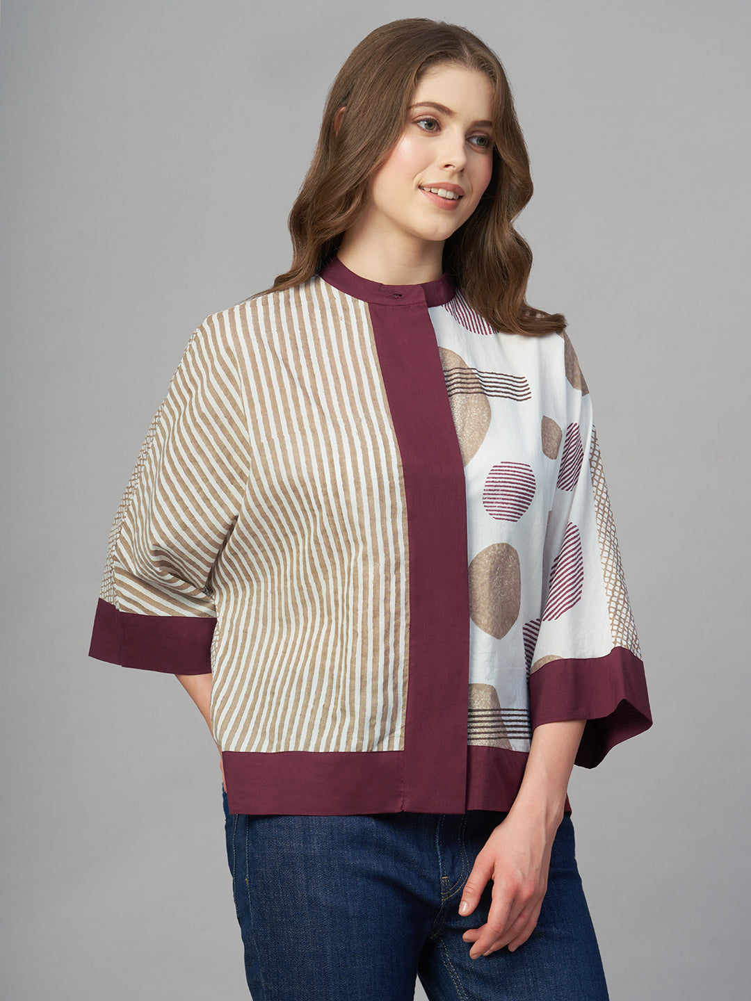 Women's Maroon 100% Cotton Boxy Fit Blouse