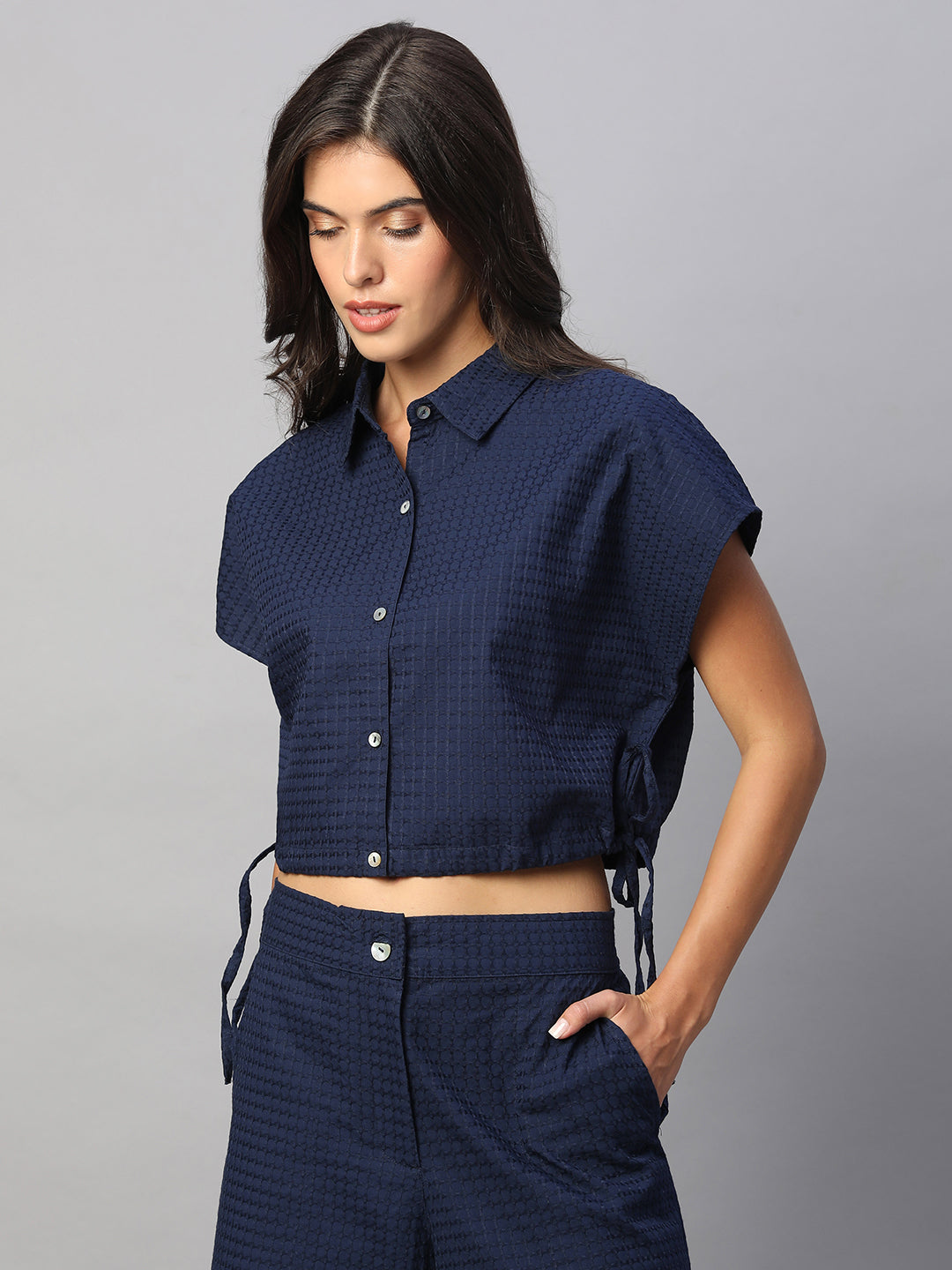Women's Navy 100% Cotton Regular Fit Blouse