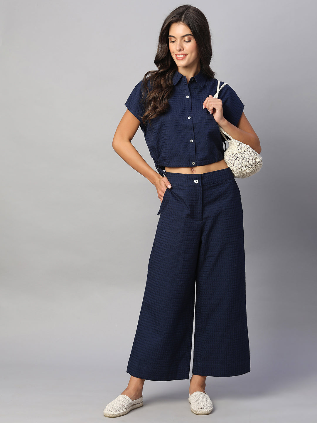 Women's Navy 100% Cotton Regular Fit Blouse