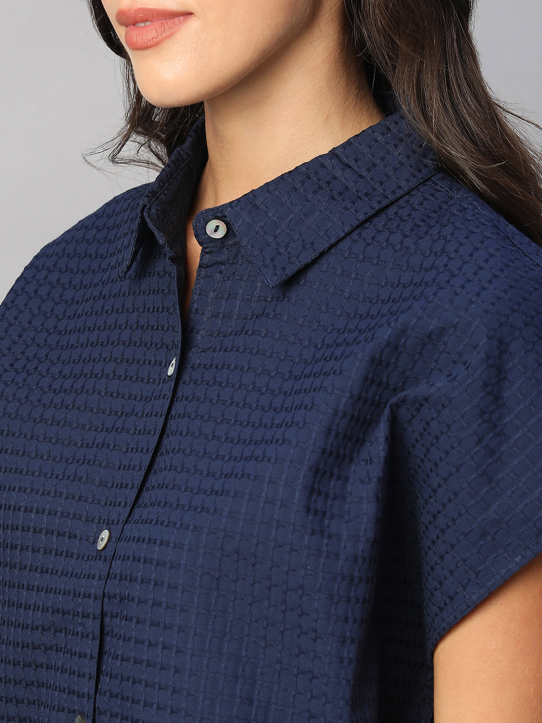 Women's Navy 100% Cotton Regular Fit Blouse