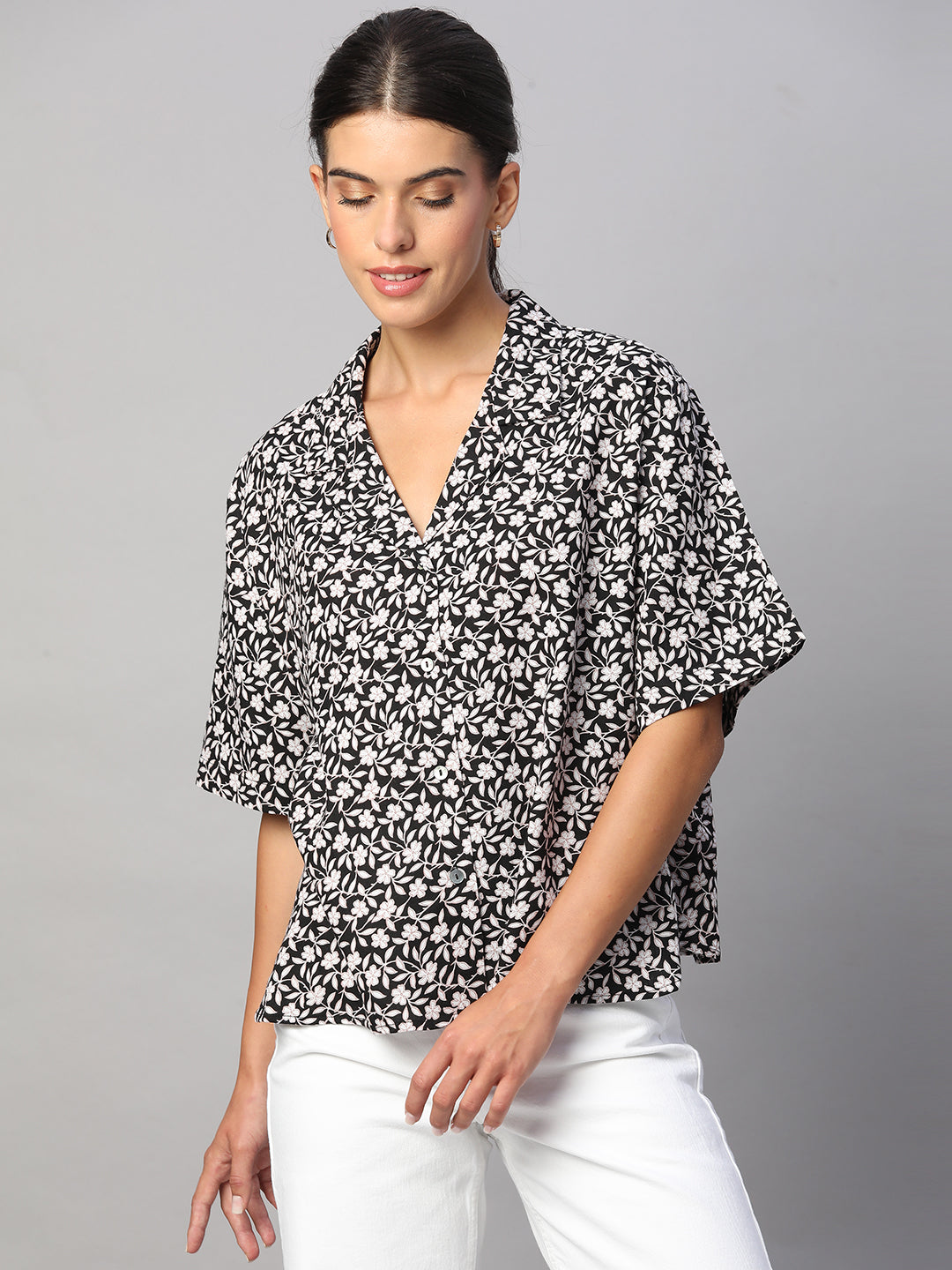 Women's Black Linen Viscose Boxy Fit Blouse