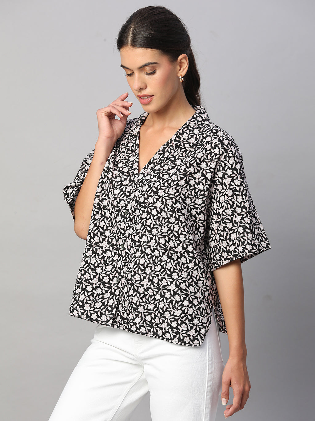 Women's Black Linen Viscose Boxy Fit Blouse
