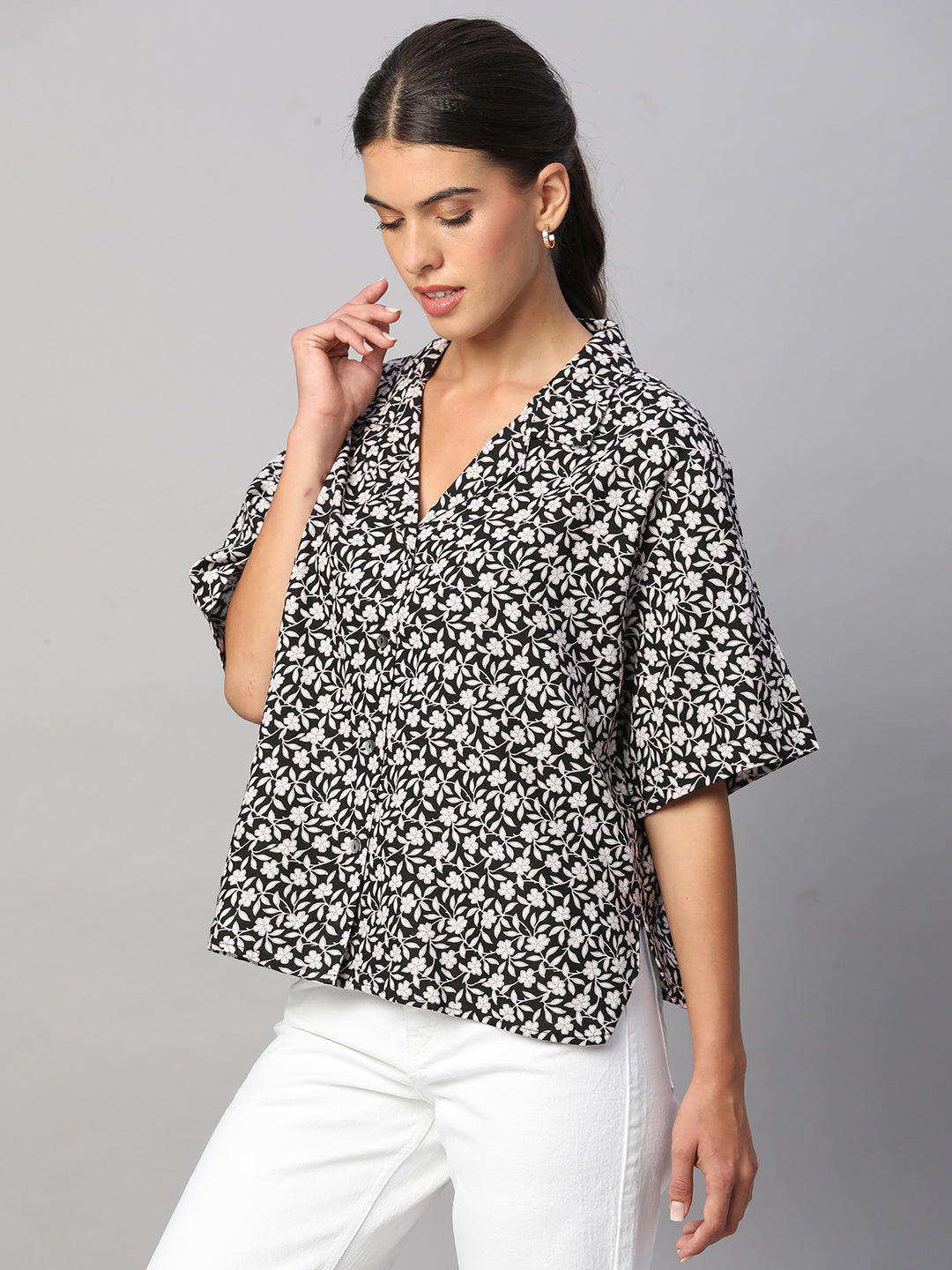 Women's Black Linen Viscose Boxy Fit Blouse
