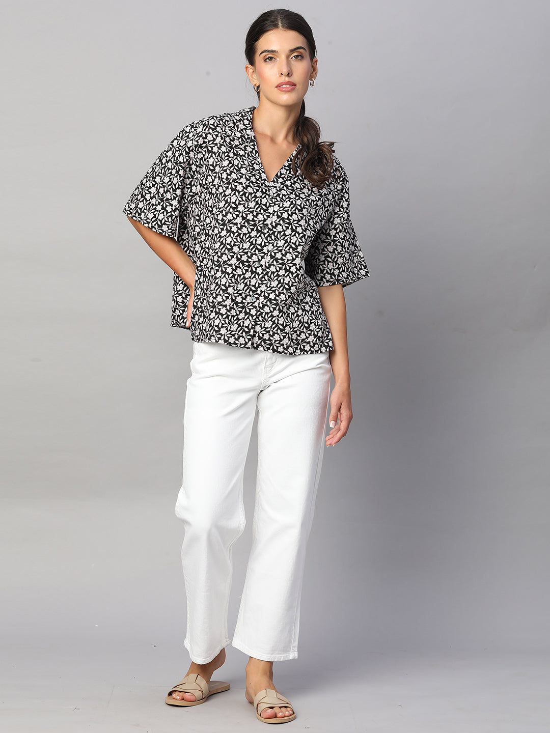 Women's Black Linen Viscose Boxy Fit Blouse
